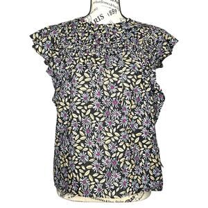 Joie SMALL Isa Reut Ruffled Embroidery Dot Smocked Floral Blouse - Caviar Multi